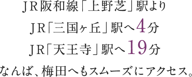JR阪和線「上野芝」駅よりJR「三国ヶ丘」駅へ4分・JR「天王寺」駅へ19分 なんば、梅田へもスムーズにアクセス。